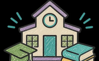 Illustration of a school building with a graduation cap and books