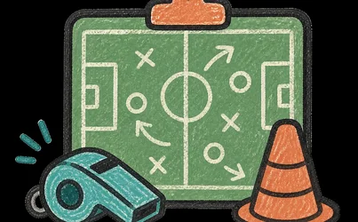 Illustration of a football tactics board with a whistle and a training cone