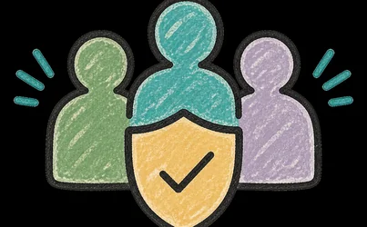 Illustration of three people behind a shield marked with a tick