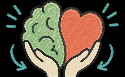 Illustration of two cupped hands holding a brain and a heart
