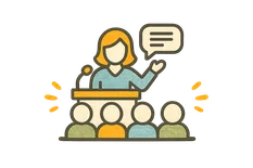 Illustration of a presenter at a lectern speaking to a seated audience