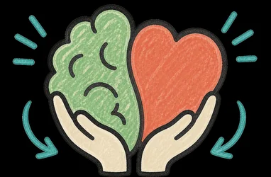 Illustration of two cupped hands holding a brain and a heart